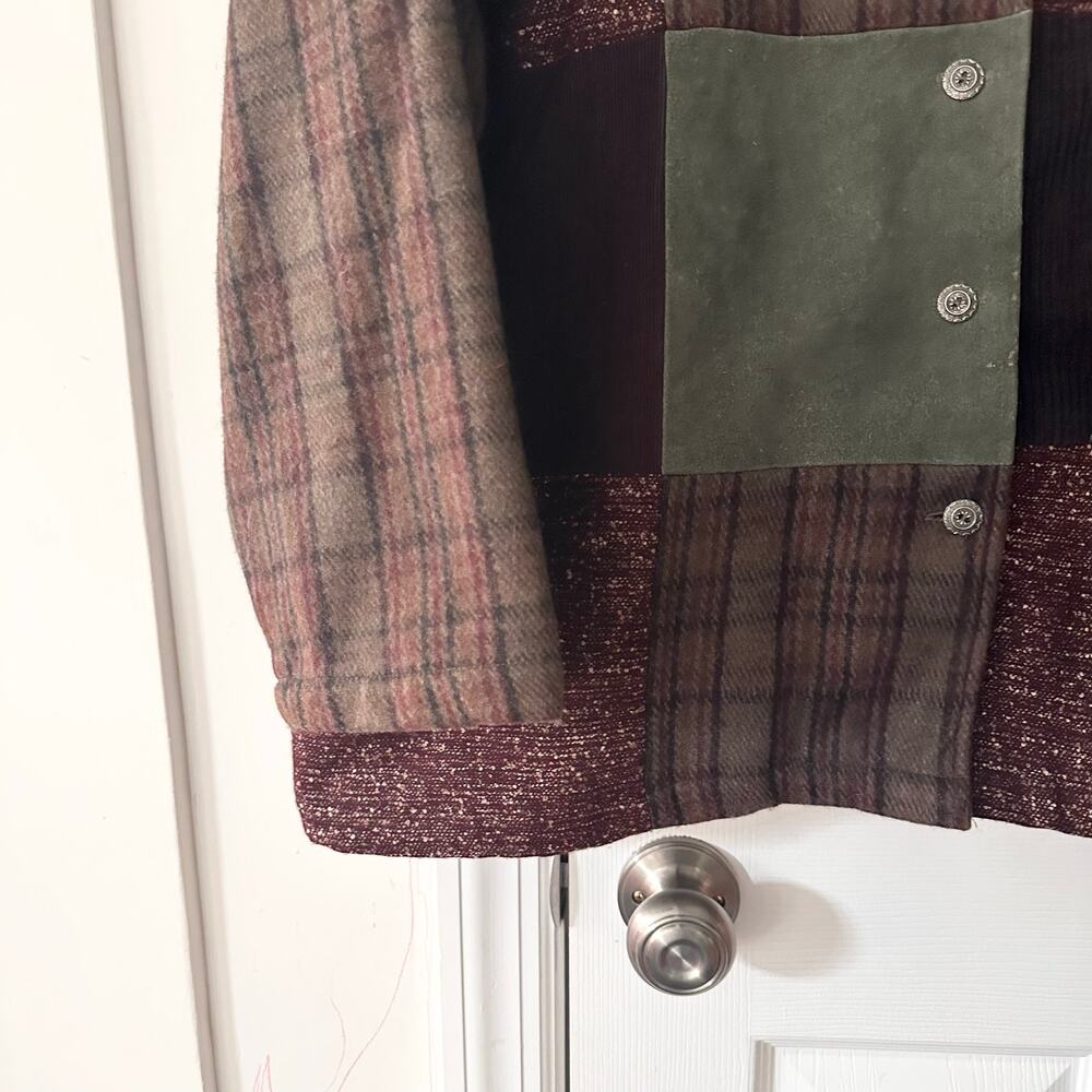 Tantrums Red Green Vintage Wool Patchwork Tweed Faux Suede Button Jacket XL - Picture 3 of 8